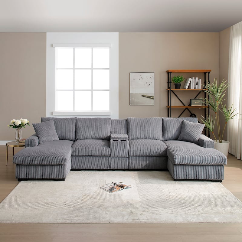 Comfy Corduroy Cloud U-shaped Sectional Sofa with Double Chiase Lounge, Built-in Storage Console and Cup Holders for Living Room - Grey