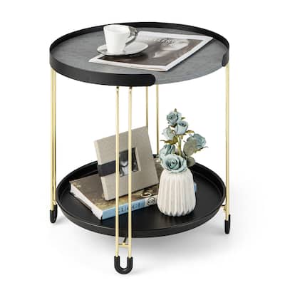 Gymax 2-Tier Side End Table Round Nightstand Gold Frame for Living