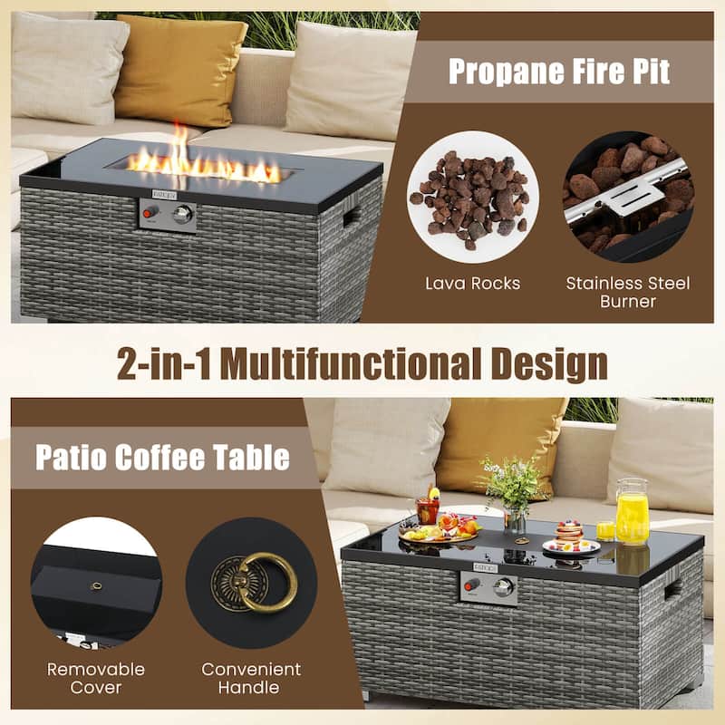 Costway 2 PCS Outdoor Rattan Fire Table Set with Tank Cover Tempered - See Details