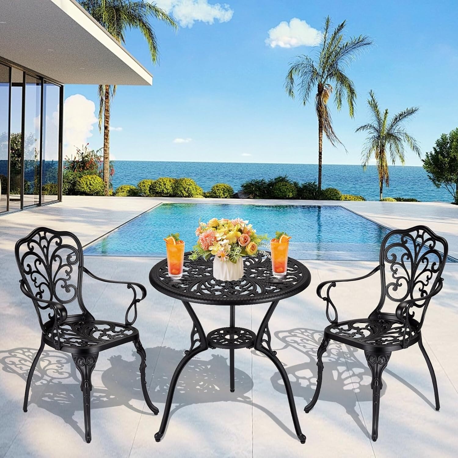 bistro patio set with umbrella hole Cast Aluninum 3 Piece Metal Outdoor Bistro Table and Chairs Set of 2 2.2" Hole,Wrought Iron Bistro Table Set Outdoor Patio Furniture Set for Garden,Bronze Its sleek design blends classic charm with contemporary style Slickblue 3 Piece Patio Bistro