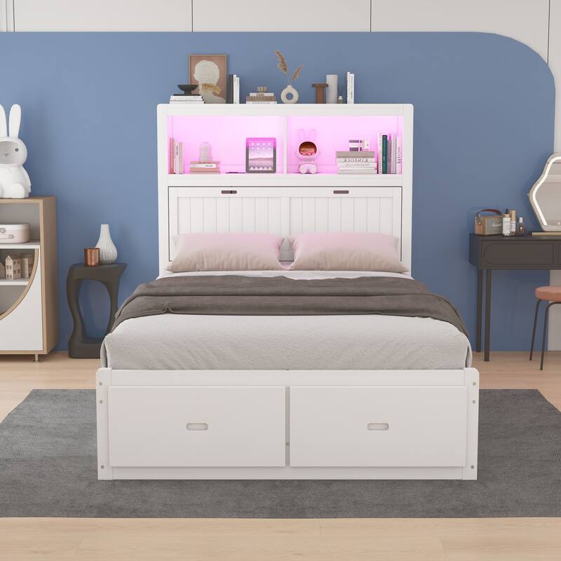 Wooden hydraulic platform bed - White - Full