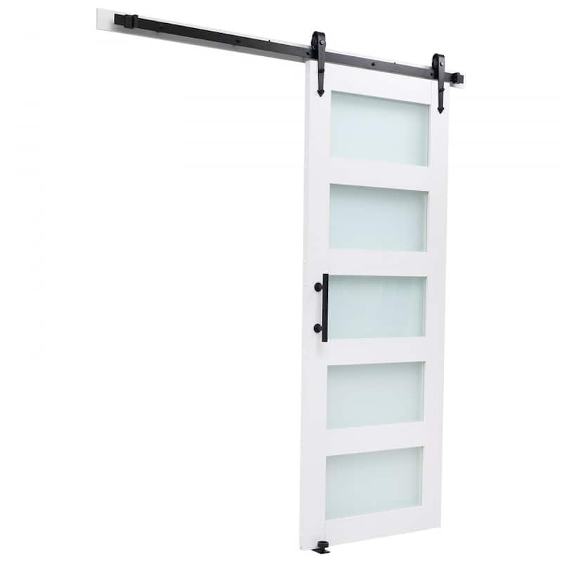 White MDF Sliding Barn Door with Frosted Glass for Bathroom and Kitchen