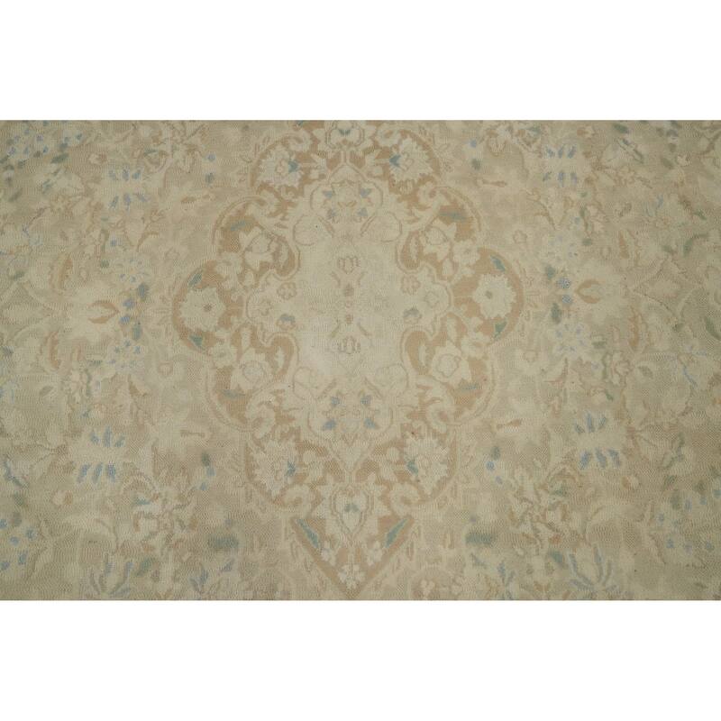 Hand Knotted Oriental 100% Wool Carpet Traditional Floral Beige & Ivories Kerman Area Rug - 9' 7'' X 6' 7''