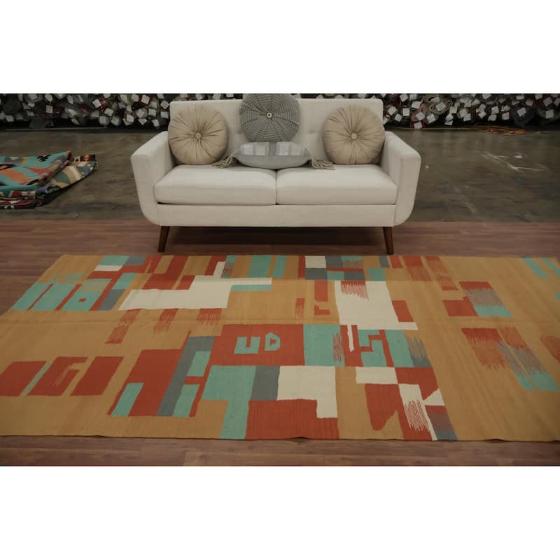 Hand Woven Oriental 100% Wool Carpet Southwestern Modern Multi-Colored Kilim Area Rug - 9' 10'' X 4' 10''