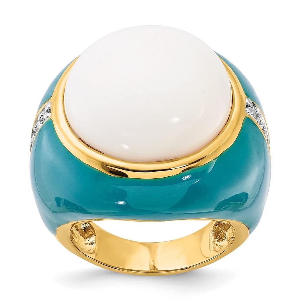 Curata Gold Plated 925 Sterling Silver Blue Enam Simul. Wht Agate and CZ Cubic Zirconia Simulated Diamond Ring