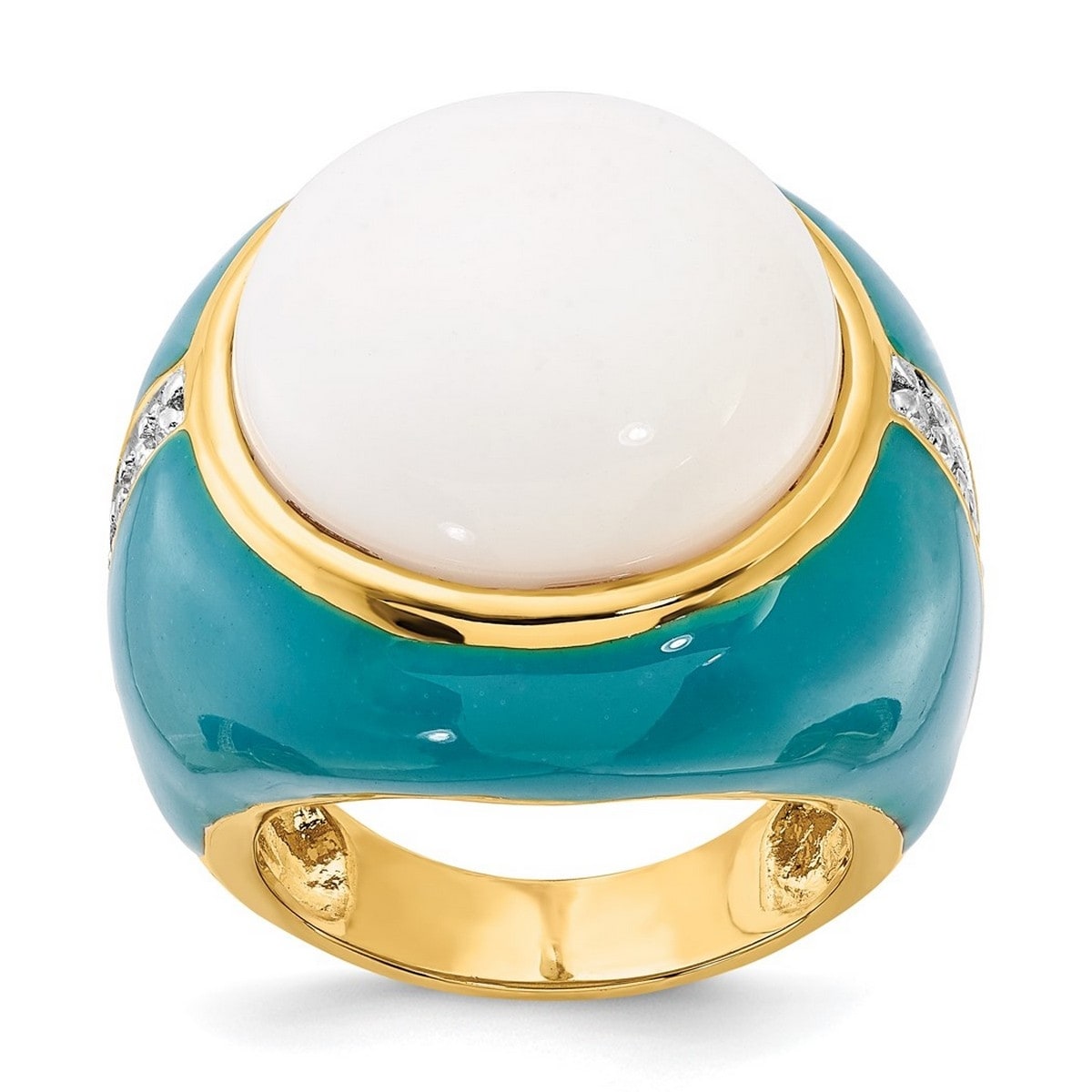 Curata Gold Plated 925 Sterling Silver Blue Enam Simul. Wht Agate and CZ Cubic Zirconia Ring