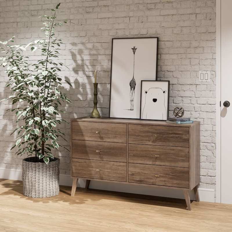 Prepac Milo Mid-Century Modern 6 Drawer Double Dresser for Bedroom, Chest of Drawers, Contemporary Bedroom Furniture
