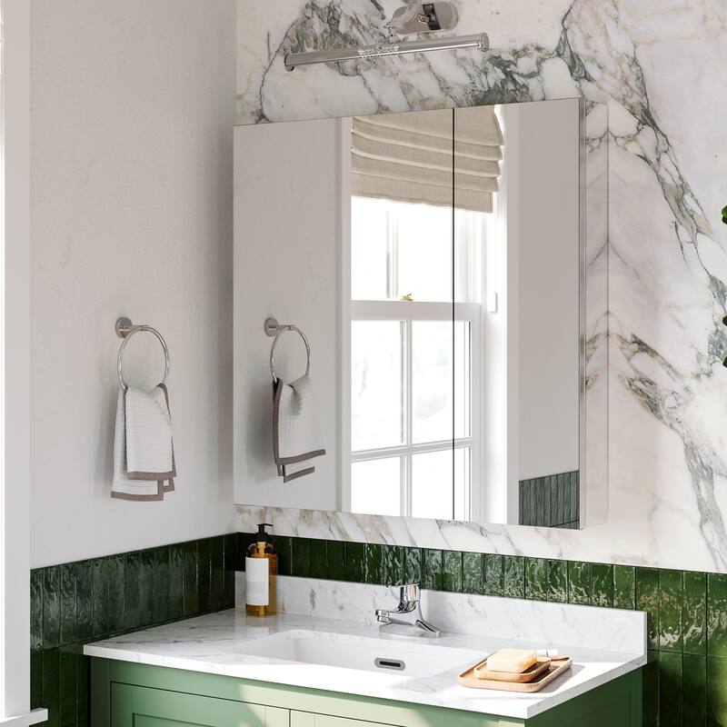30x30 Mirrored Medicine Cabinet, Dual-Swing, Tri-View, Copper-Free, Blum Soft-Close, Recessed/Surface, Chrome Aluminum - Silver