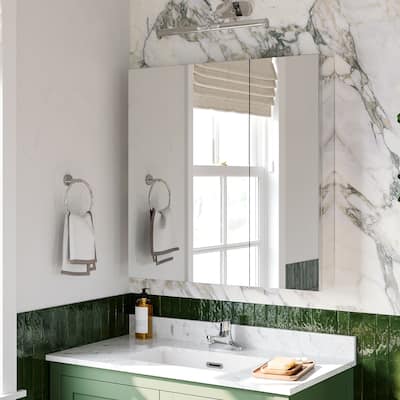30x30 Mirrored Medicine Cabinet, Dual-Swing, Tri-View, Copper-Free, Blum Soft-Close, Recessed/Surface, Chrome Aluminum