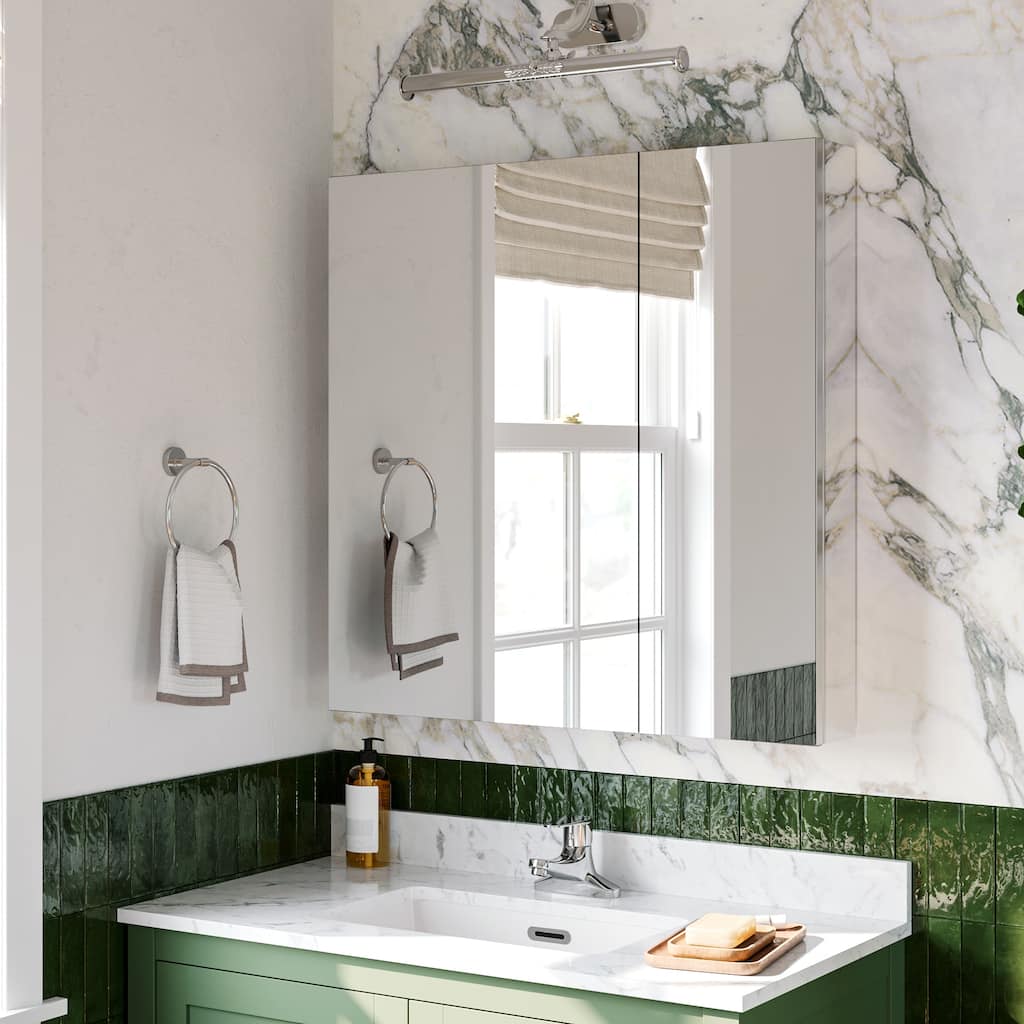 30x30 Mirrored Medicine Cabinet, Dual-Swing, Tri-View, Copper-Free, Blum Soft-Close, Recessed/Surface, Chrome Aluminum