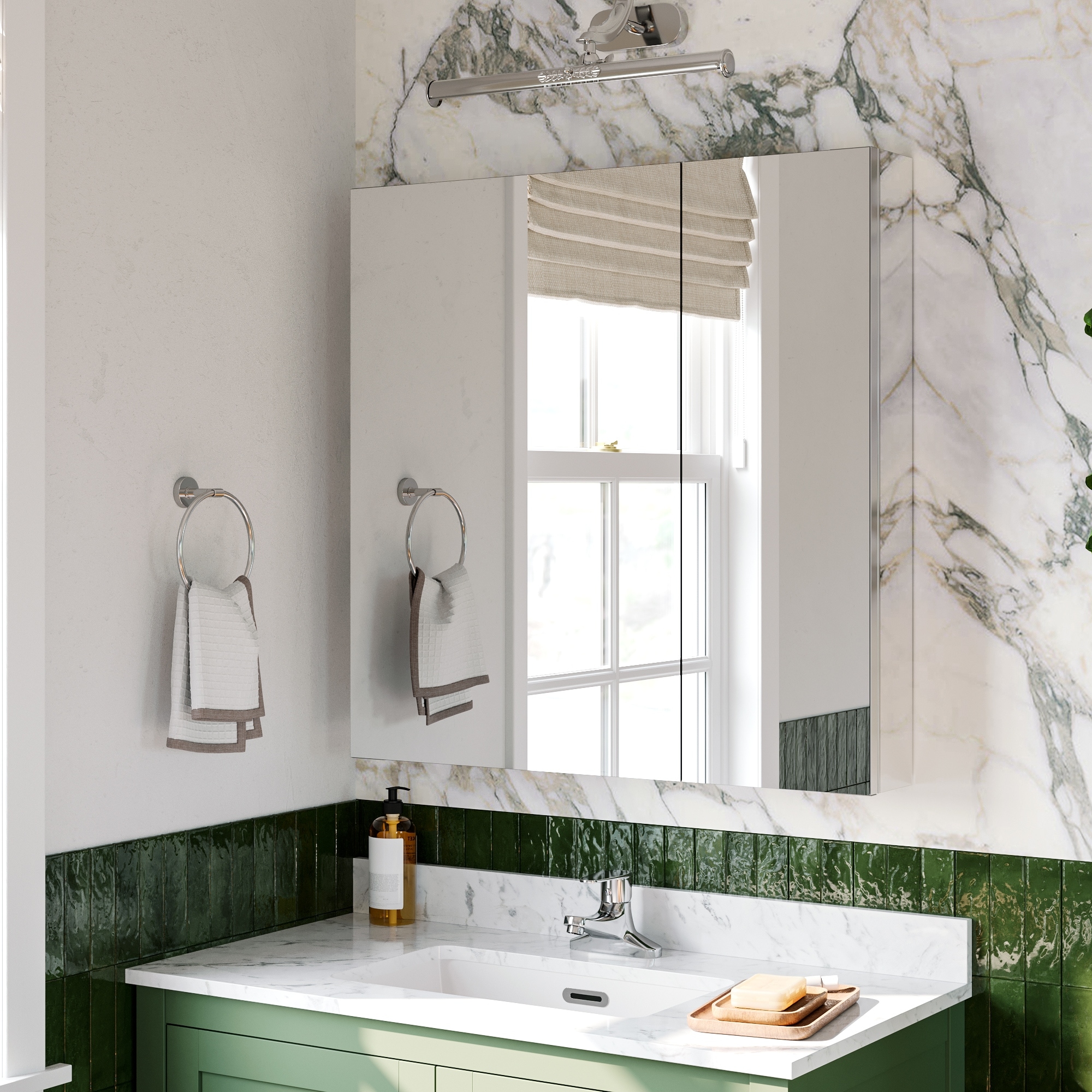 30x30 Mirrored Medicine Cabinet, Dual-Swing, Tri-View, Copper-Free, Blum Soft-Close, Recessed/Surface, Chrome Aluminum