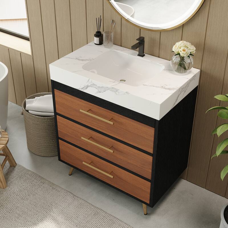 GDFStudio - Athens Modern 29.9" Freestanding Bathroom Vanity with Sintered Stone Top, Ceramic Vessel Sink & Stainless Steel Legs
