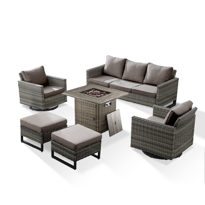 6 Pieces Fire Pit Table with Sofa Swivel Chair Ottoman Set