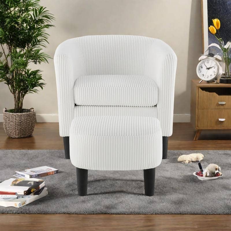 Corduroy Accent Chair with Ottoman - Modern Armchair for Living Room/Bedroom - White