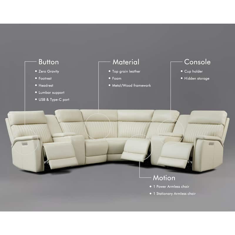 7PCS, 3 Power Recliners, Leather Reclining Sectional with Zero Gravity, USB Port & USB-C Port
