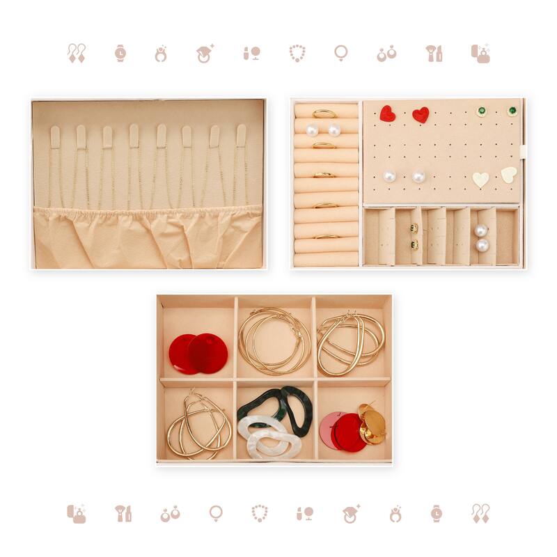 2 Layer Jewelry Box with Mirror for Women Girls, PU Leather Jewelry Organizer Case Storage Display Holder - 23x17x8.8cm