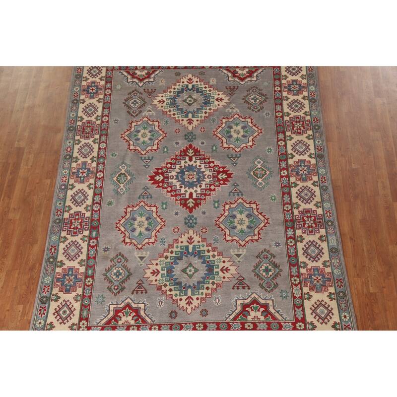Gray Geometric Kazak Oriental Area Rug Hand-Knotted Wool Carpet - 6'10"x 9'11"