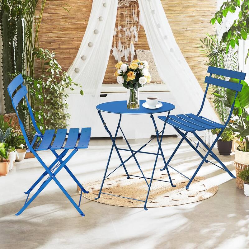 3pc Metal Folding Bistro Set, Weather-Resistant Outdoor/Indoor Conversation Set for Patio, Yard, Garden - Peacock Blue