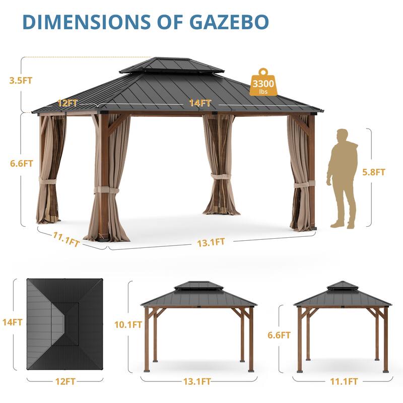 Outdoor Hardtop 12 x 14 Pergola Steel Double Roof Gazebo with Curtains For Patio, Backyard, or garden