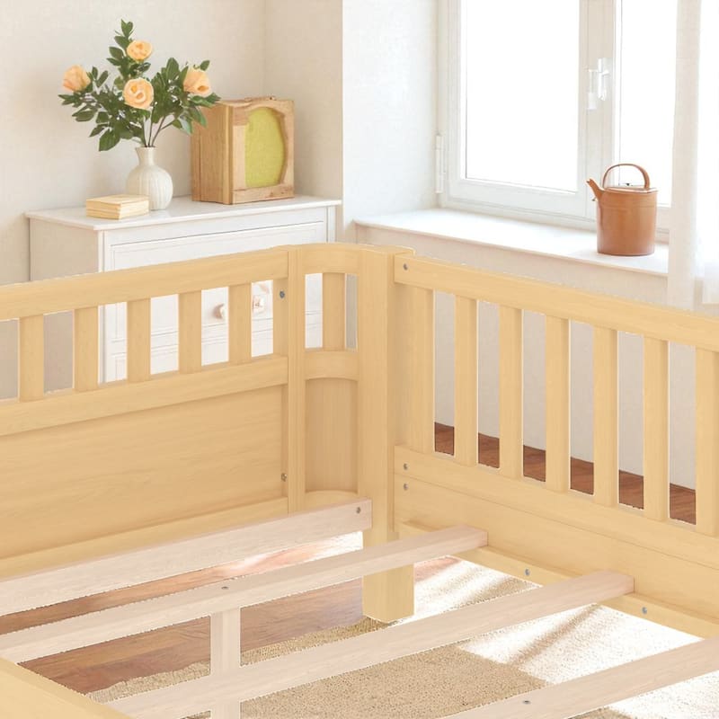 Wood Platform Bed with Guardrails & Detachable Fence, Twin/Full/Twin XL/Queen Size Kids Bed, Safety Design, No Box Spring