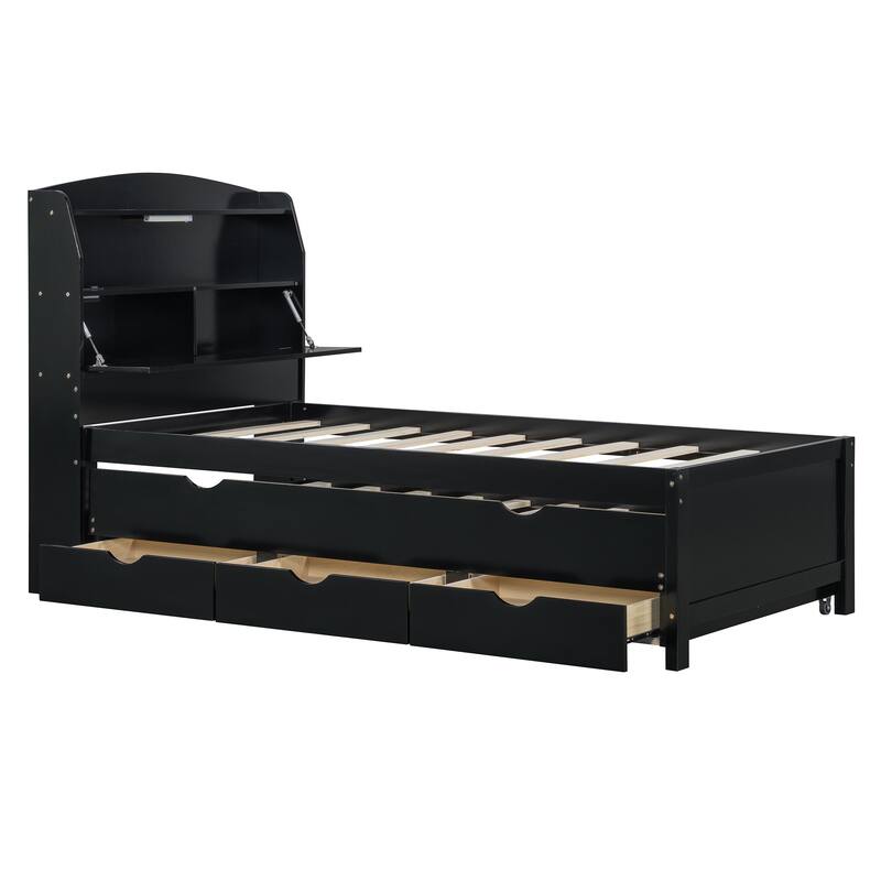 Twin Size Wooden LED Platform Bed with Trundle, with Storage Headboard, with Drawers