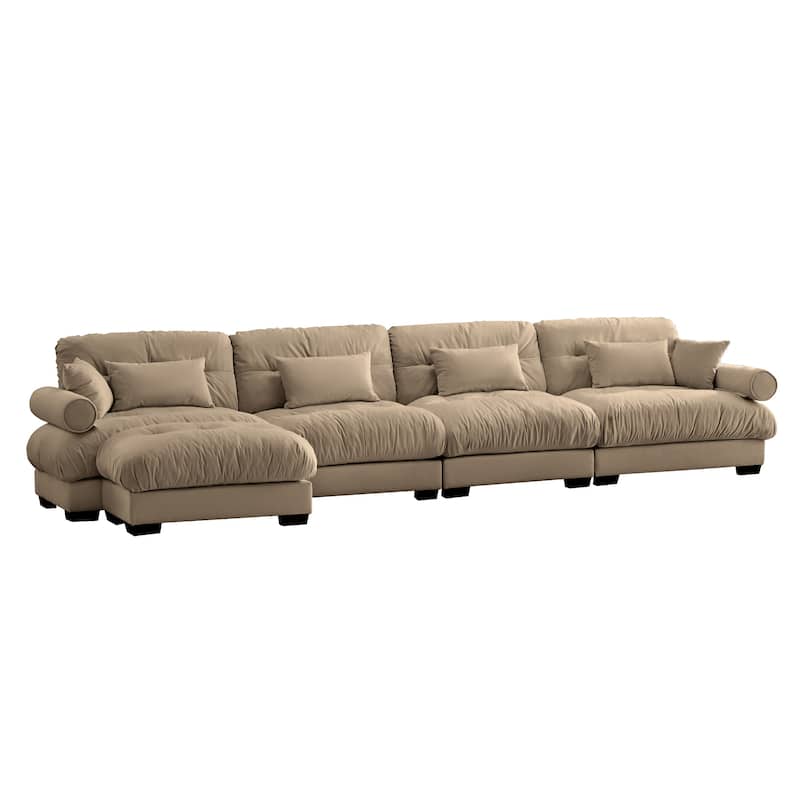 166" 4-Seat Velvet L-Shaped Sectional Cloud Sofa with Convertible Design, Bolstered Armrests, and Included Pillows