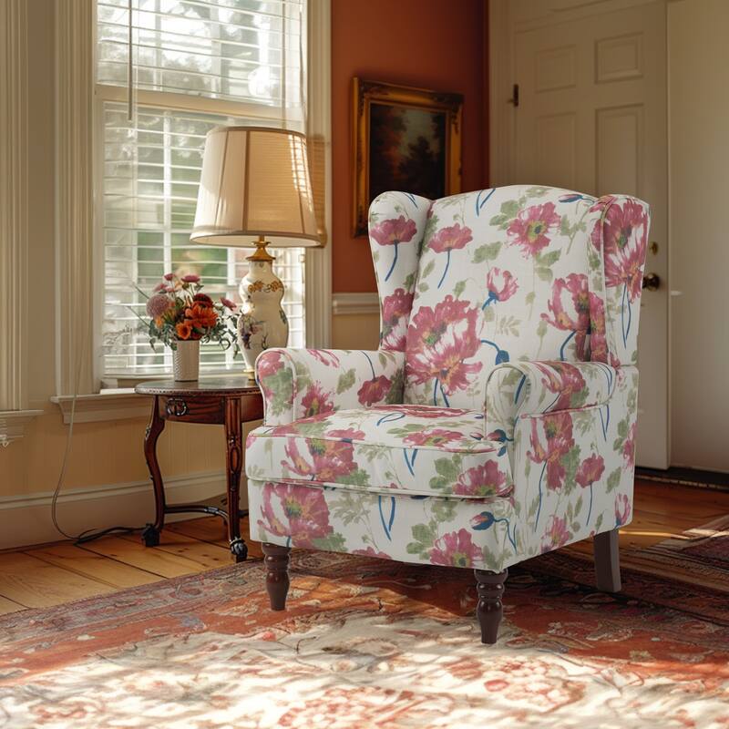Erommy Modern Accent Chair, High Back Armchair, Upholstered Fabric Button Single Sofa with Wooden Legs for Living Room - Coral - Flower