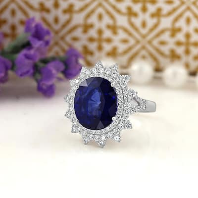 Auriya Unique 8 3/8ct Oval Royal Blue Sapphire Halo Diamond Engagement Ring 3/4ctw 18k Gold