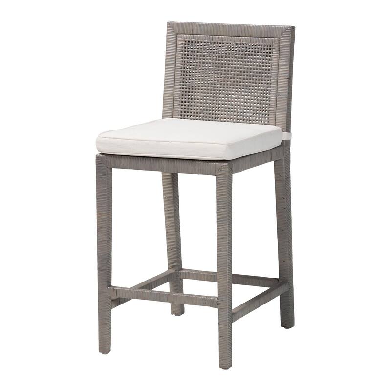 Sofia Rattan Counter Stool with Mahogany Wood - Handwoven Wicker Counter Height, Coastal Kitchen Island Seating, French Grey
