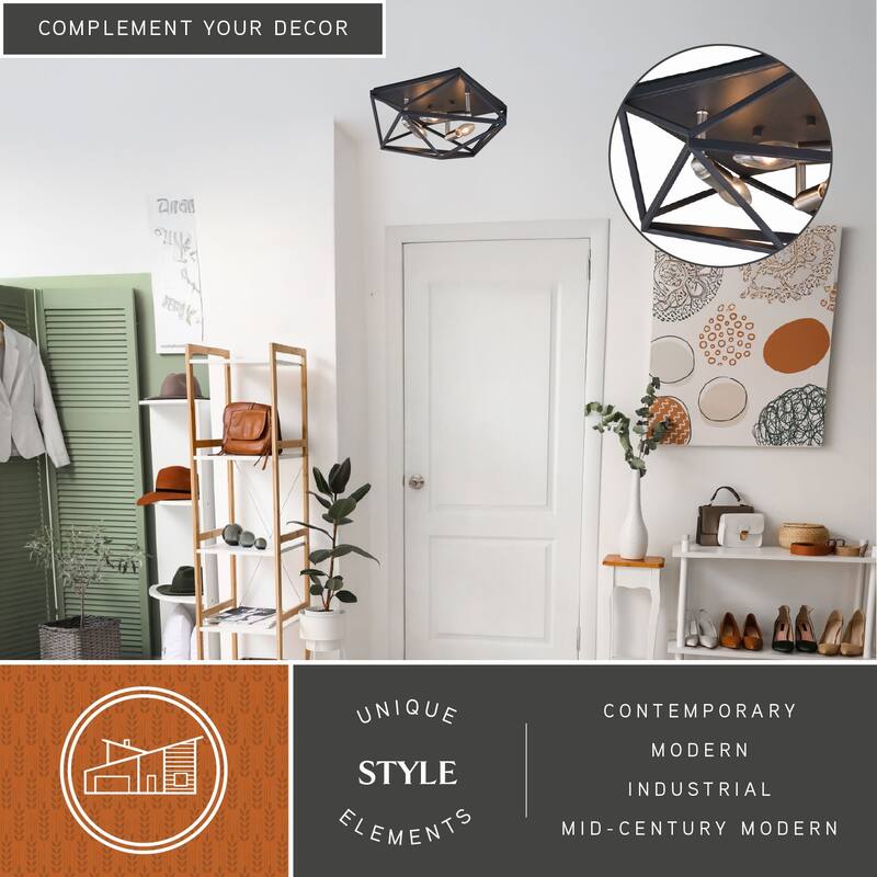 Hailey 15-in W Black Nickel Industrial Cage Flush Mount Ceiling Light Fixture - 15-in W x 6.5-in H x 15-in D