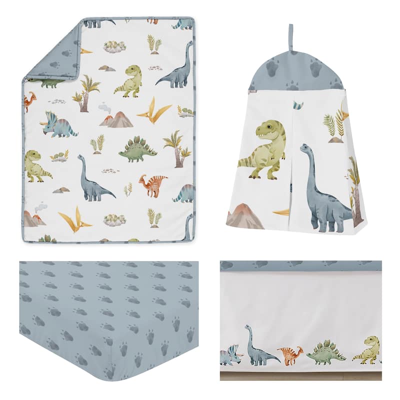 Sweet Jojo Designs Watercolor Dinosaur Dino Boy 4pc Nursery Crib Bedding Set Green Blue White Modern Jurassic Animal Footprint
