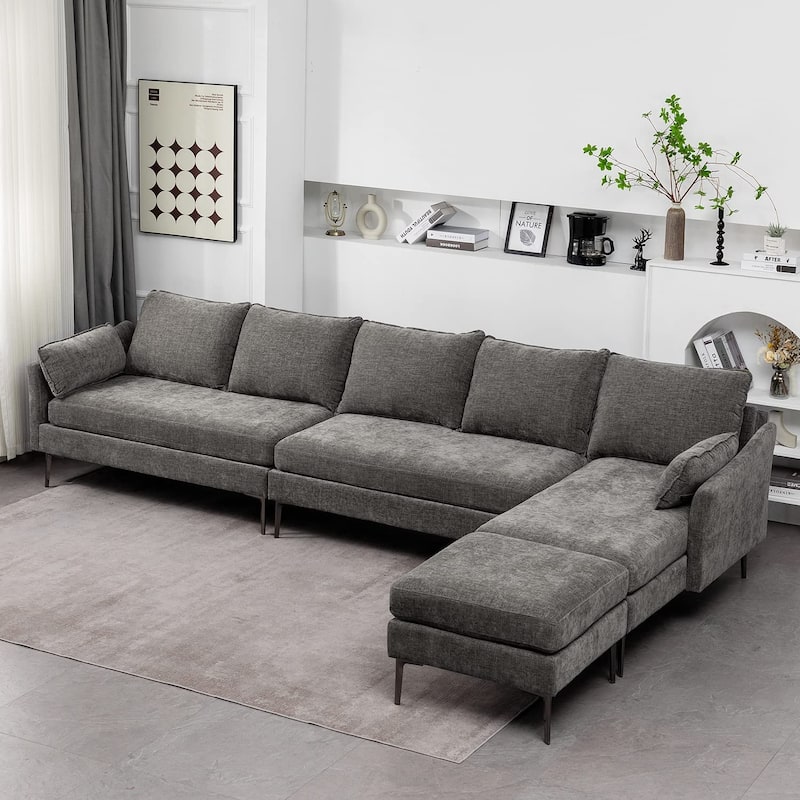 EROMMY U Shaped 6-seat Sectional Sofa Couch, Reversible Sleeper in Modern Chenille Design, with Chaise Lounge and Ottoman - Grey - Right Facing