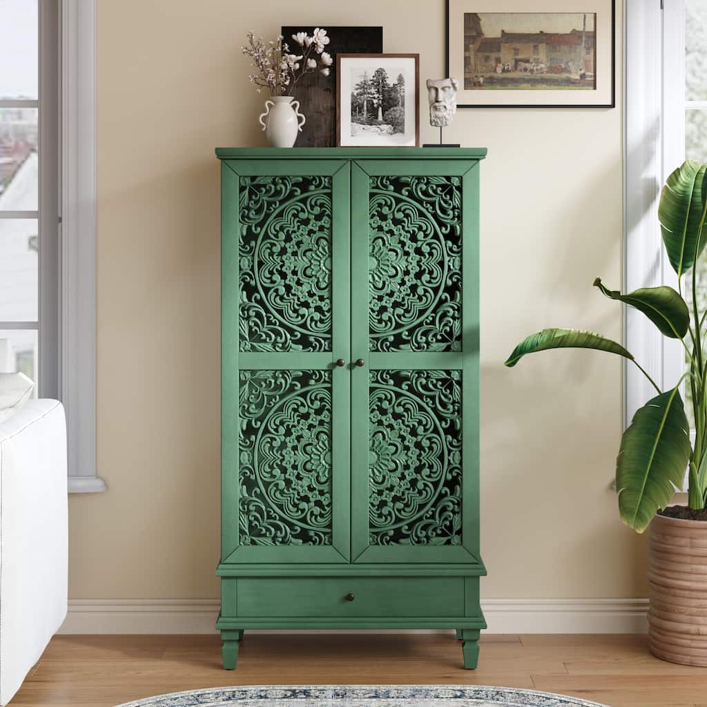 GDF Studio - Maribelle Rustic 55" Tall Storage Cabinet with Drawer, Decorative 2-Door Carved Wood Accent Cabinet