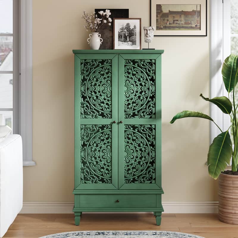 Roomfitters 55'' Tall Storage Cabinet, Carved Wood Accent Sideboard with Solid Wood Legs for Dining Room - Antique Green