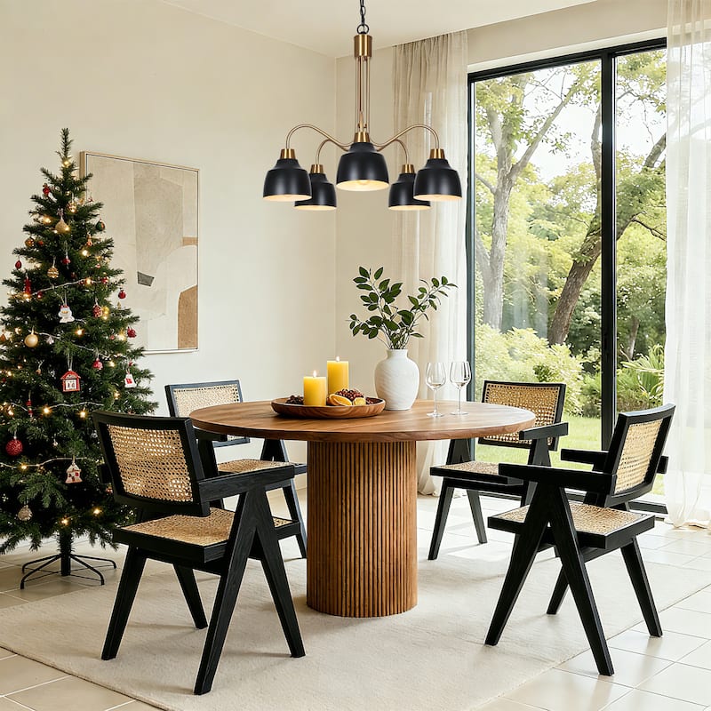 Mid-century Modern 5-Light Wheel Chandelier Black Gold Pendant for Dining Room Bedroom - Dia. 25.2" x H 22.4"