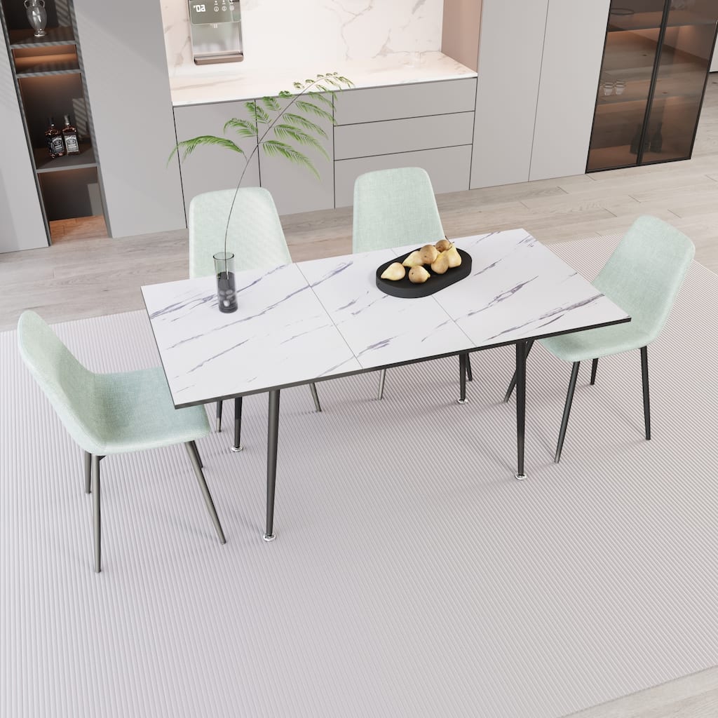 Modern Extendable Table Set Dining Table & Chairs Set with Metal Legs, Linen Side Chairs Accent Chairs