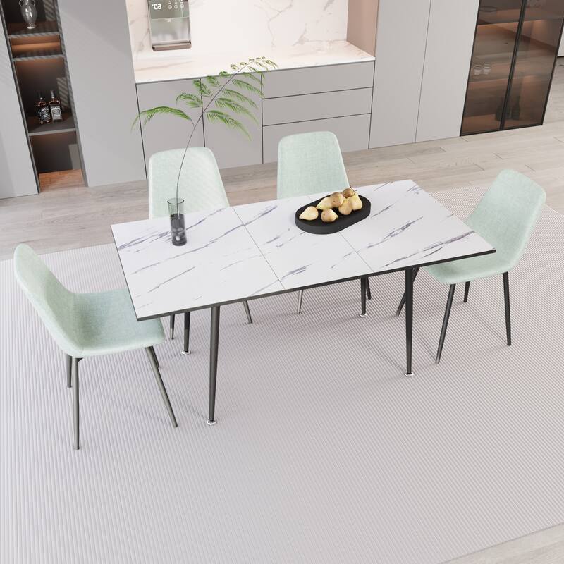 Modern Extendable Table Set Dining Table & Chairs Set with Metal Legs, Linen Side Chairs Accent Chairs - White Green