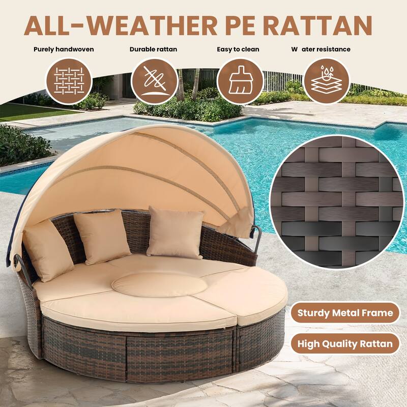 4 Piece Patio Round Rattan Daybed w/Adjustable Sun Canopy, Outdoor Sofa Bed with lift coffee table