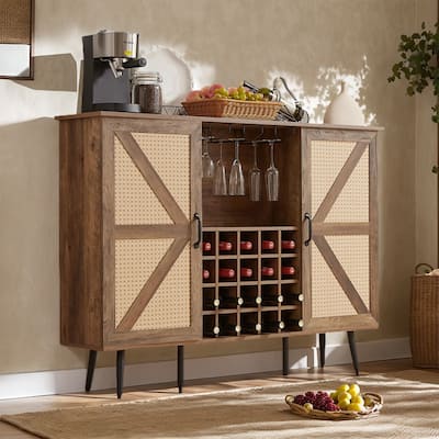 Rattan Wine Bar Cabinet 2-Door Farmhouse Liquor Cabinet with Wine Rack & Glass Holder, Sideboard - 55.11L*12.6W*38.19H