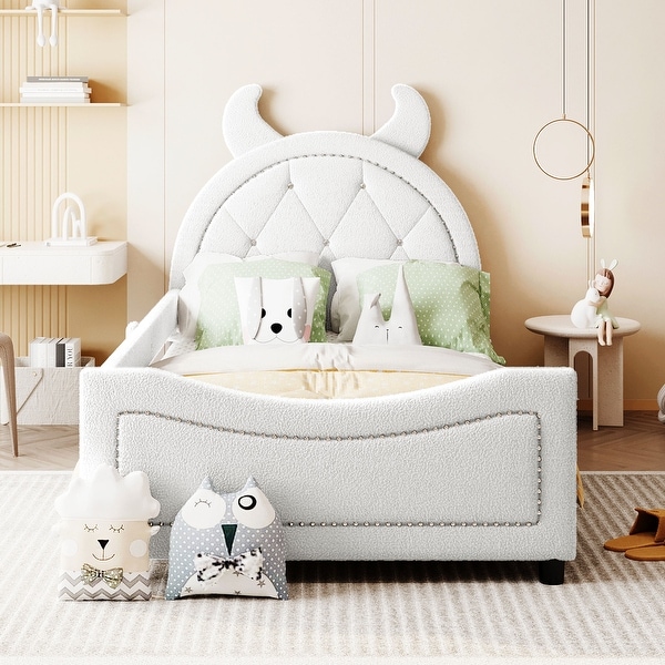 White Twin Size Teddy Fleece Upholstered beds for Girls Boy Teens