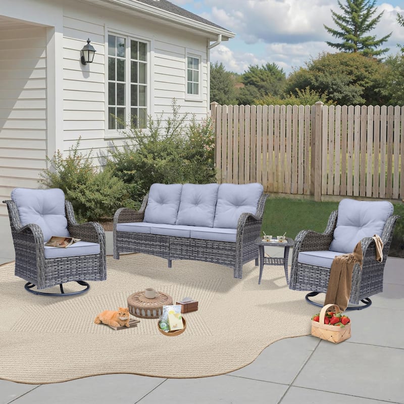 High Back 4-Piece Outdoor Wicker Patio Furniture Seating Sofa Set with Swivel Chairs