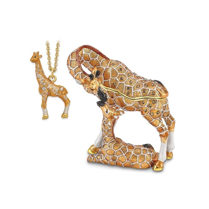 Curata Pewter Crystals Gold-Tone Enameled Jasmin & Jasper Mother & Baby Giraffes Trinket Box on 18 Inch Necklace