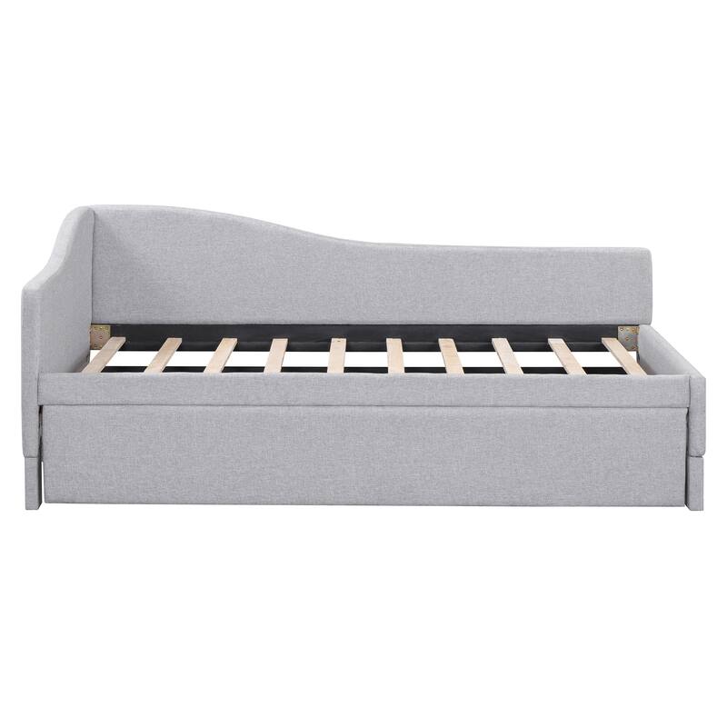 Roomfitters Twin Size Upholstered L-Shaped Daybed with Pop Up Trundle, Space Saving Fabric Sofa Bed Frame with Slats
