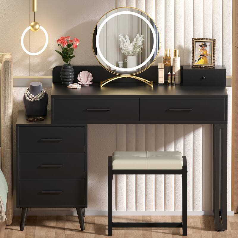 Makeup Vanity Desk with Stool and LED Mirror, Modern Makeup Table Vanity Desk with 6 Storage Drawers - Black