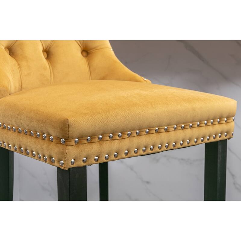 Modern Velvet Upholstered Barstools Bar Chairs with Button Tufted Decoration,Wooden Legs,Chrome Nailhead Trim, Set of 2