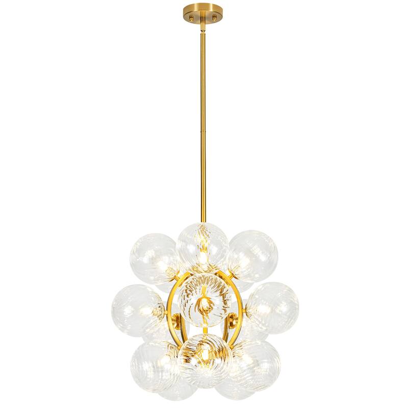 15-Light Brushed Gold Modern Luxury Twisted Glass Globe Iron Chandelier with Adjustable Rod for Living & Dining Rooms