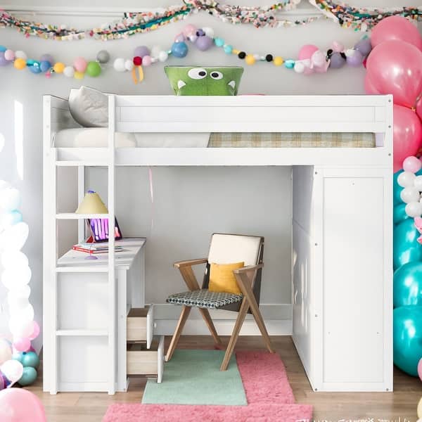 slide 2 of 17, Modern Full Size Wood Loft Bed With Wardrobes And 2-Drawer Desk With Cabinet,Large Storage Space White