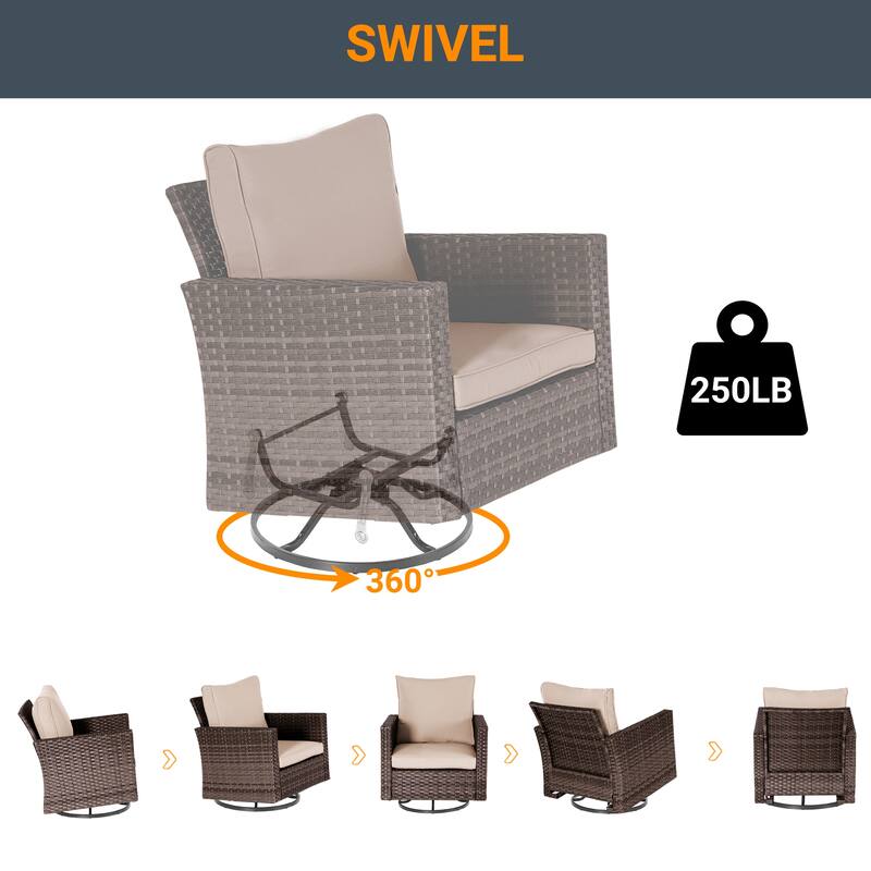 LIVOOSUN 3-Piece Patio Sofa Set Brown Rattan Swivel Rocking Chair Glass Table