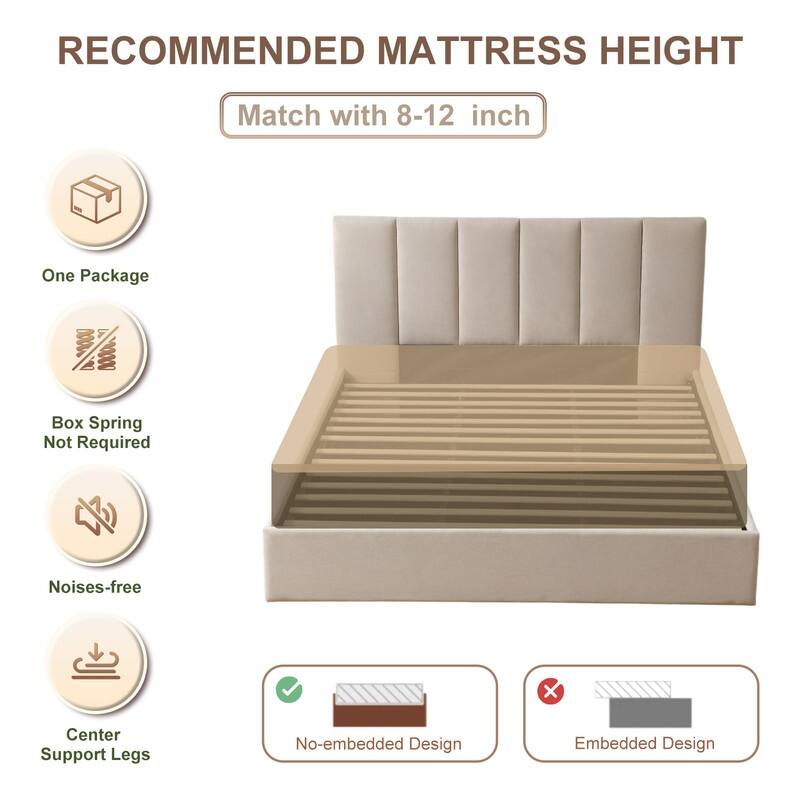 Modern Upholstered Lift-Up Storage Platform Bed with Headboard