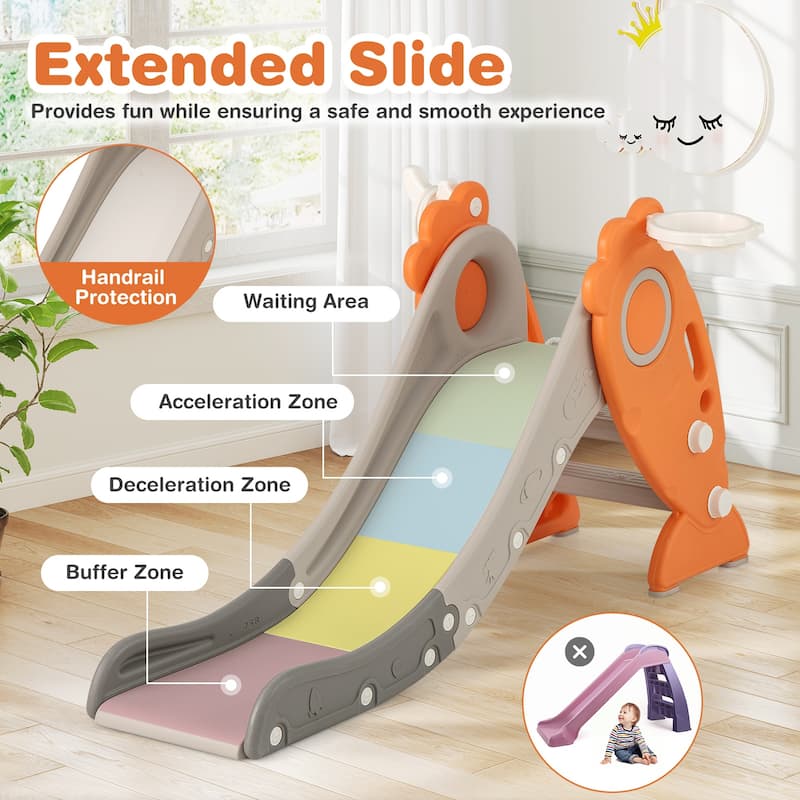 4 in 1 Indoor Slide for Kids Age 3+ Years with Basketball Hoop and Rings-Orange - Multi